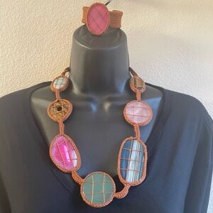 Vintage Crystal Multicolored Quartz Agate Boho 70’s Necklace & Cuff Bracelet Set